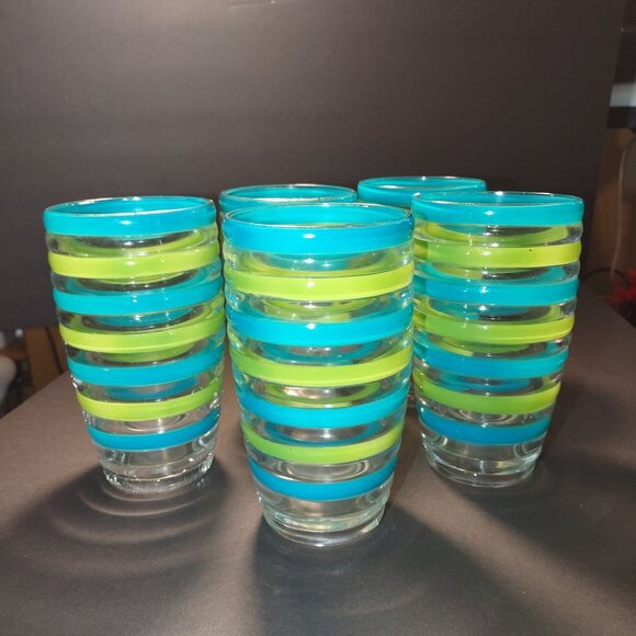 Set Of 5 Retro Glass Tumblers With Blue & Green Stripes 6.5" Tall - Picture 5 of 7
